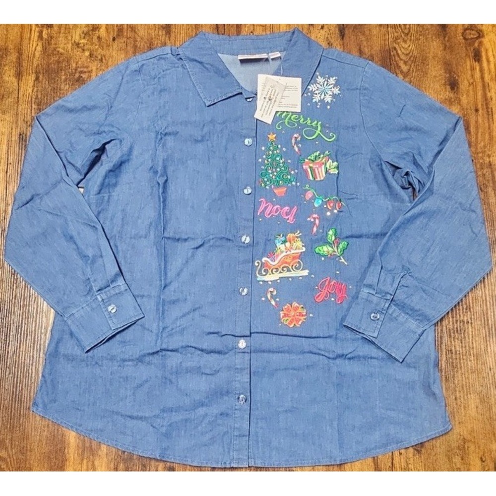 Quacker Factory Blue Button Front Jacket Christmas Motif Women's Size Large NWT